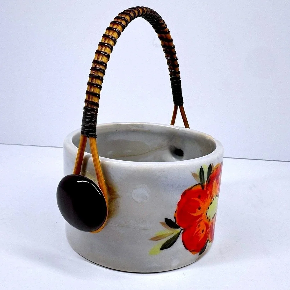 Vintage Mini Ceramic Basket Red Floral Wire Wrapped Handle Cottage‎ Decor